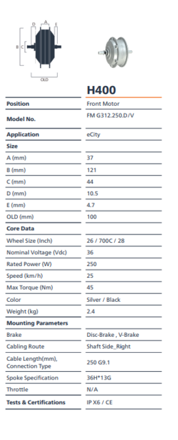 Bafang H400 250W Frammotor 250W, 45Nm, 2,3kg 