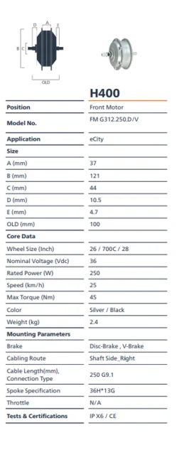 Bafang H400 250W Frontmotor 250W, 45Nm, 2,3kg 