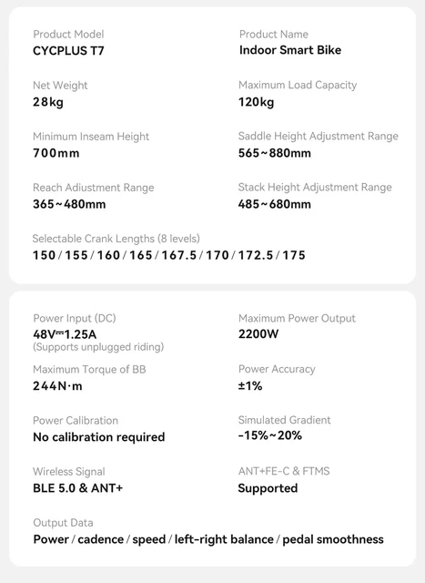 Cycplus T7 Smartsykkel BT/ANT+, 2200w, -15 til 20% stigning 