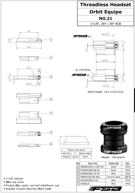 FSA Orbit Equipe A-Head Styrelager Sort, 36/36 grader, 1-1/8", 105 gram 