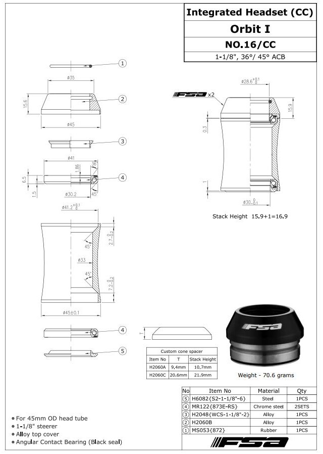 FSA Orbit I NO°16 Integrerat Styrlager Svart, 1-1/8", 36/45°, 70,6g 