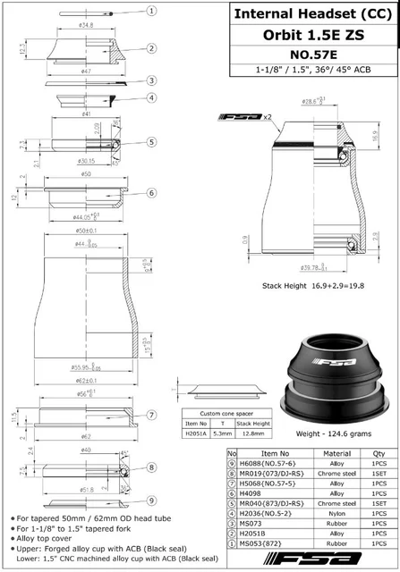 FSA Orbit 1.5E ZS Tapered Styrelager Sort, 1-1/8"->1.5", 50/62 mm, 124,6 g 