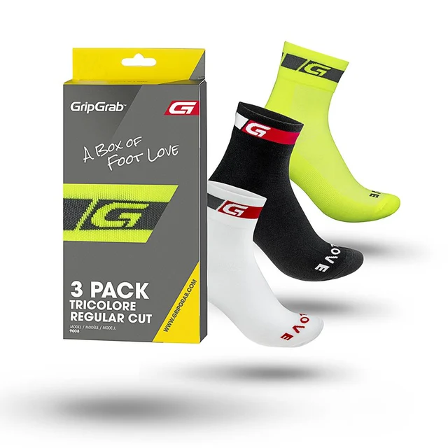 GripGrab Tricolore Regular 3-Pack Sokker Sort, Hvit, Hi-Vis, Str. M 