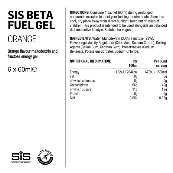 SiS Beta Fuel Energigel 6 x 60ml Appelsin, 6 x 60 ml 