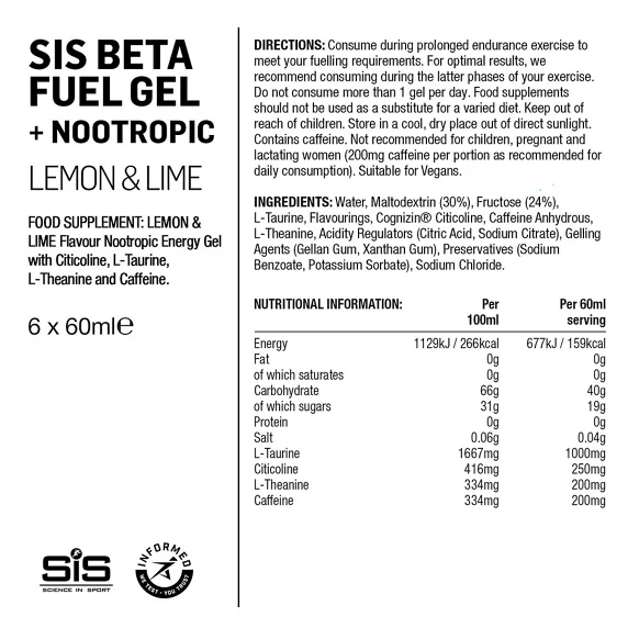SiS Beta Fuel Energigel 6 x 60ml Sitron & Lime, 6 x 60 ml 